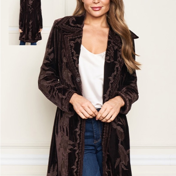 Long Elegant Brown Embroidered Velvet Coat - Picture 1 of 8